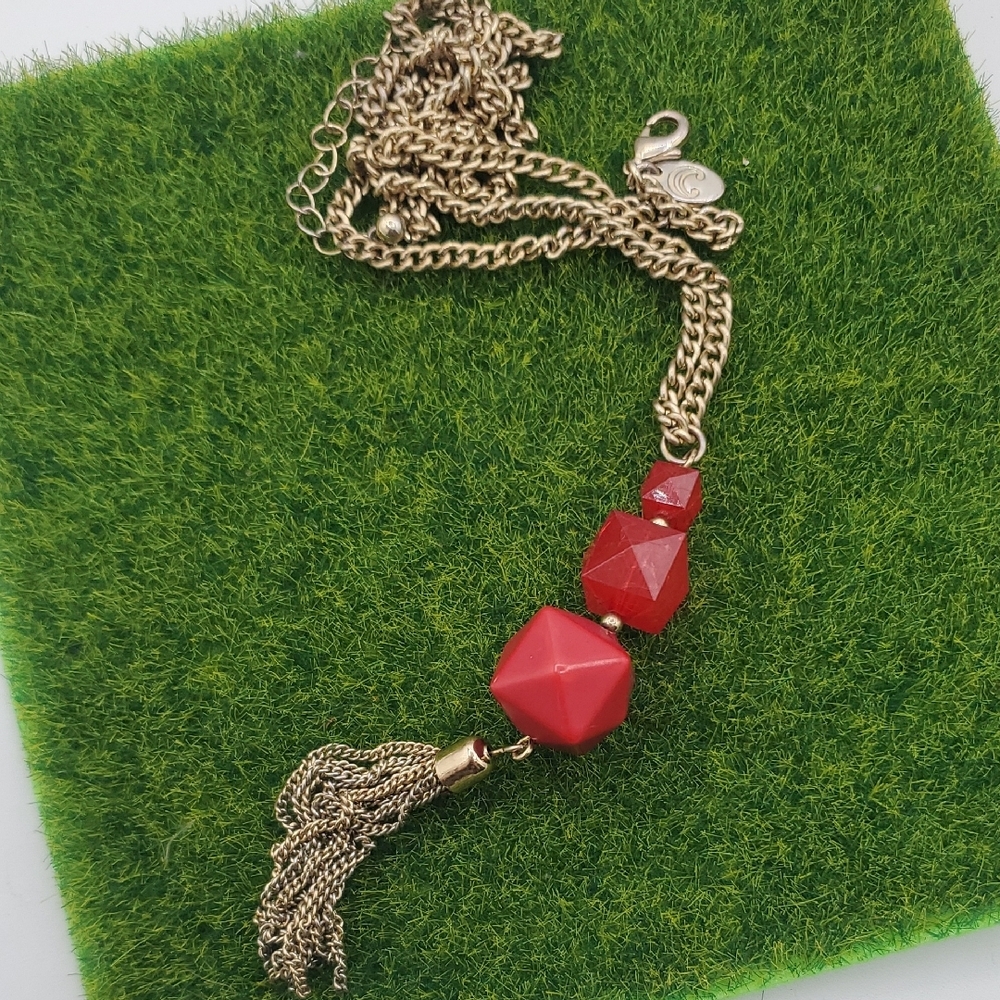 Elegant Gold Tone Tassel Statement and Red Bead Necklace 44 Inch N3904